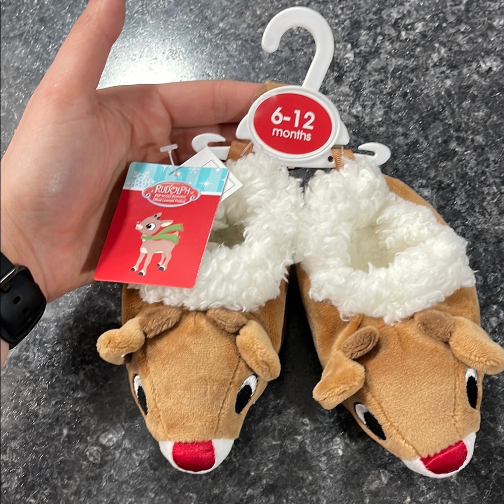 Rudolph Baby Slippers - Brown and White